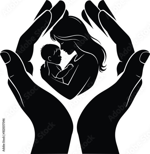 Protective Hands Embracing Mother and Baby in Black and White Vector Style Symbolizing Love, Care, Safety, and Parental Bond