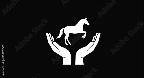 Protective hands holding horse silhouette icon symbolizing animal care, equestrian safety, veterinary compassion, pet rescue, and wildlife protection concept.