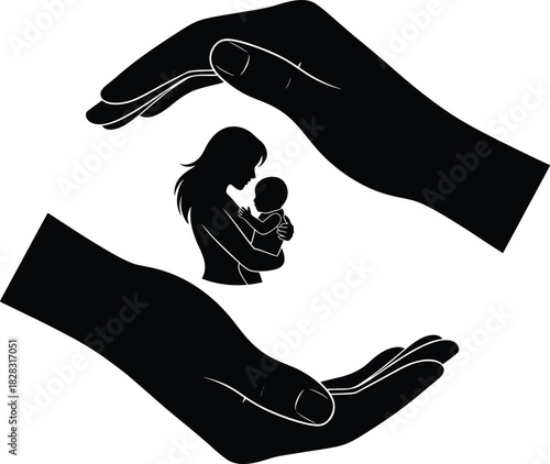 Protective hands sheltering mother and baby silhouette symbolizing care, safety, love, family bond, motherhood, support, compassion, and nurturing protection.