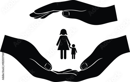 Protective hands sheltering mother and child silhouette symbolizing family care, safety, support, guardianship, motherhood, social welfare, and compassion.