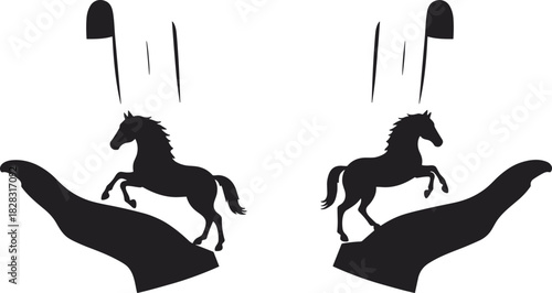 Silhouette hands releasing rearing horses with abstract motion lines, symbolizing freedom, control, energy, power, creativity, and artistic expression