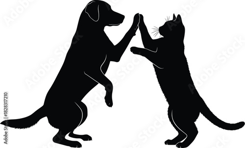 Silhouette of dog and cat high-fiving, playful animal interaction, pet friendship concept, vector art for stock illustration use