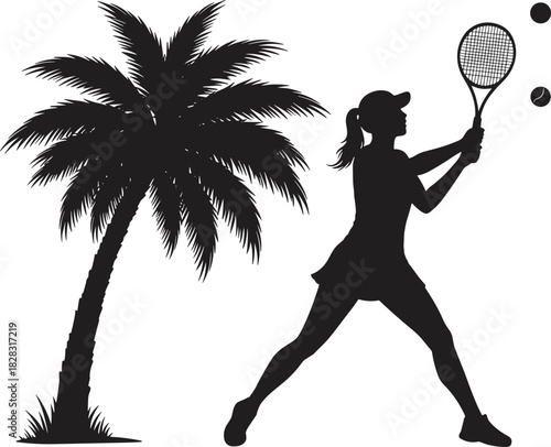 Silhouette of Female Tennis Player in Action with Palm Tree Background, Tropical Sports Concept for Summer, Fitness, and Outdoor Themes