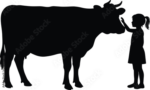 Silhouette of girl touching cow face in rural farm scene, emotional bond between child and animal, peaceful countryside moment