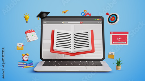 E-Learning or E-Courses Experience, Online Education, Career Growth, Internet Lessons or E-Learn, E-Class, Virtual Teaching and Ease of Knowledge. 3D Laptop with Book and Graduation Cap