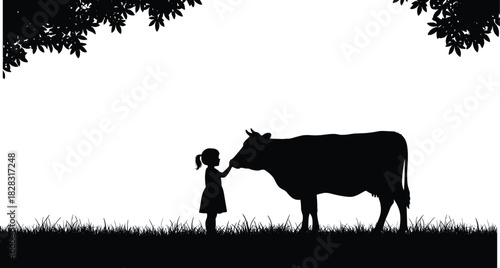 Silhouette of girl touching cow in nature, peaceful child and animal interaction under tree branches, rural farm life vector art