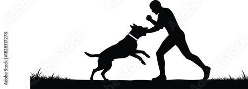 Silhouette of man defending against aggressive dog attack on grass, dramatic moment of confrontation, danger, self-defense, canine behavior illustration