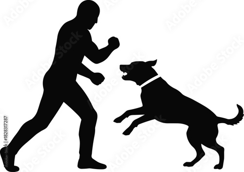 Silhouette of man defending against aggressive dog attack, self-defense posture, canine threat, danger response, animal confrontation vector illustration