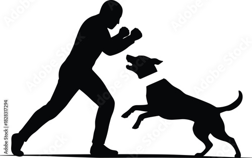 Silhouette of man defending against aggressive dog attack, self-defense posture, danger awareness, canine threat, safety concept, black vector illustration
