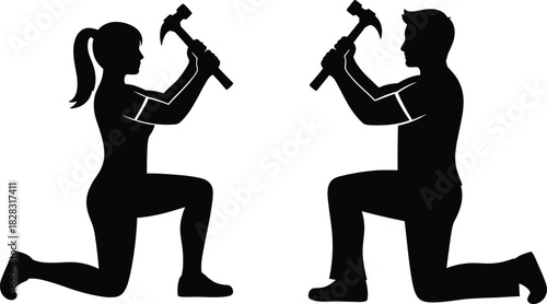 Silhouetted man and woman kneeling with raised hammers facing each other in dramatic pose, symbolizing confrontation, teamwork, or shared struggle