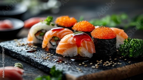 Captivating close-up of sushi being drizzled with sauce, showcasing culinary art and vibrant