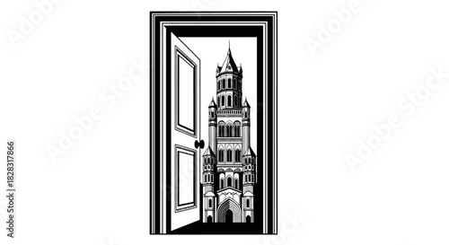 A doorway to imagination: Illustration of a castle revealed beyond a portal door