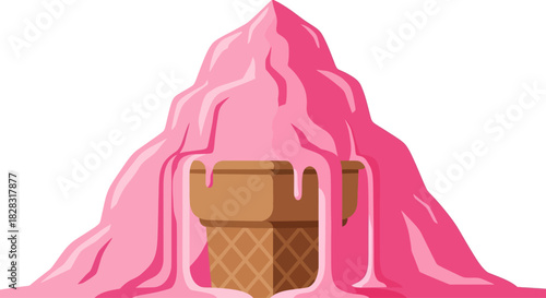 A melted pink ice cream cone creates a delightful and sweet confectionery chaos