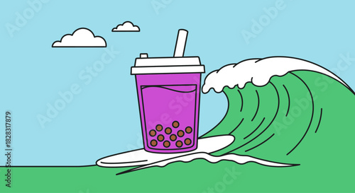 A fun and colorful illustration of a boba tea drink surfing a wave on a sunny day