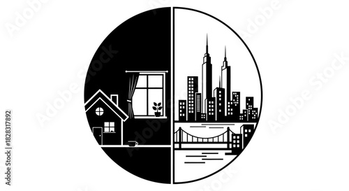 A contrasting graphic illustration comparing home in the suburbs and city life in modern buildings