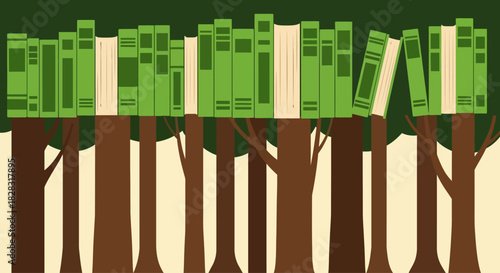 A conceptual illustration of knowledge growing like trees with books representing leaves and