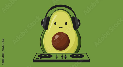 A cheerful avocado DJ wearing headphones mixing music on a turntable in studio