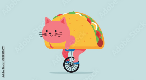 Whimsical Illustration of a Cat Taco Riding a Unicycle Against a Pastel Background