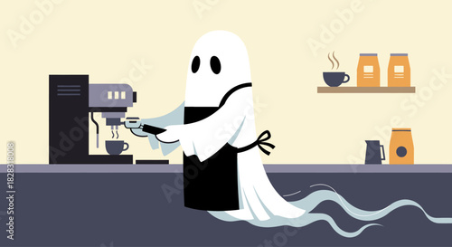 Whimsical vector illustration of a friendly ghost barista making coffee in a cafe scene