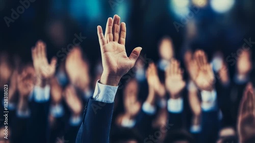 Video of many people raising their hands in a conference, indicating agreement and participation