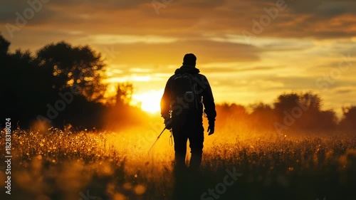 Backpacker silhouette walking in golden hour field through sunrise scenery, adventurer seeking