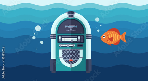 Whimsical underwater scene featuring a vintage jukebox and a curious goldfish  artwork