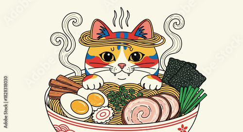 Whimsical Cat Enjoying a Delicious Ramen Bowl Illustration Cute and Playful Design