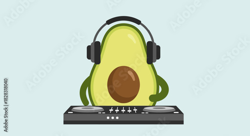 Whimsical Avocado DJ Cartoon Character Mixing Music with Headphones and Turntable