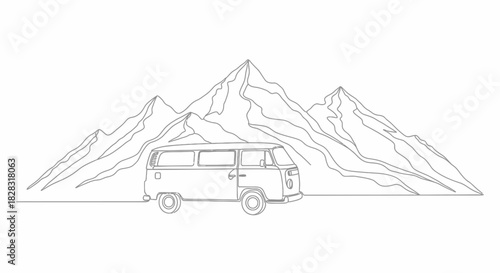 Vintage van adventure minimalist outline drawing with mountain background design