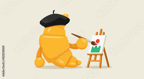 Whimsical Croissant Artist Painting a Landscape, charming and illustrative depiction