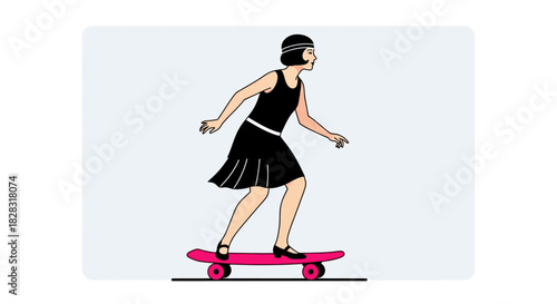 Vintage-style woman skateboarding gracefully for recreation and exercise demonstrating the art of