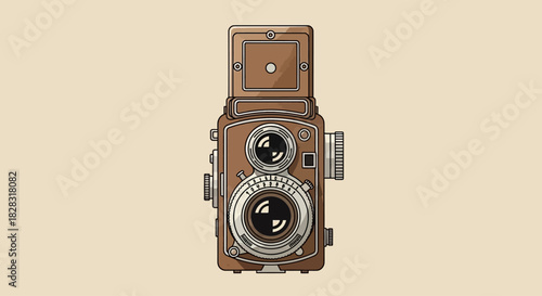 Vintage twin-lens reflex camera illustration with retro design and neutral backdrop providing a