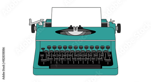 Vintage turquoise typewriter with paper ready to be written on, nostalgia and creative writing