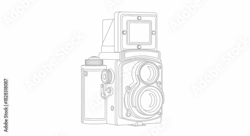 Vintage twin lens reflex camera illustration with detailed outline rendering showcasing its retro