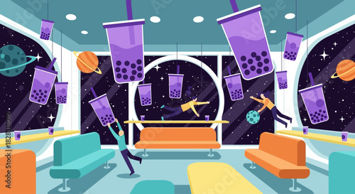 Whimsical bobba tea cafe scene featuring floating cups in a space-themed setting