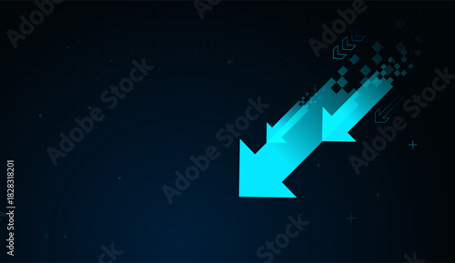 A futuristic falling down arrows emerges from pixel blocks, illustrating financial progress and the rapid advancement of digital technology. moving down arrows concepts