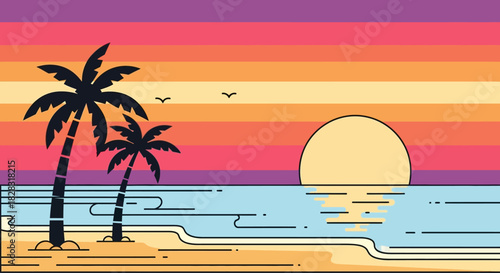 Vaporwave sunset with palm trees silhouette and vibrant pastel colors illustration