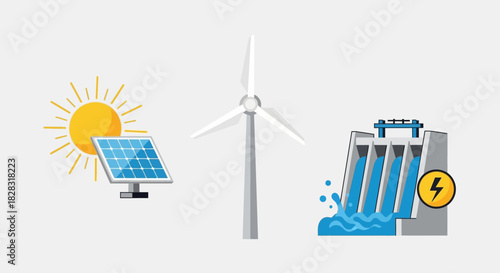 Vector illustration depicting various renewable energy sources like solar wind and hydroelectric
