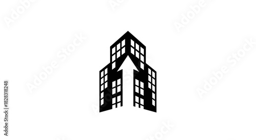 Upward trajectory: stylized buildings merging into arrow for growth symbolism