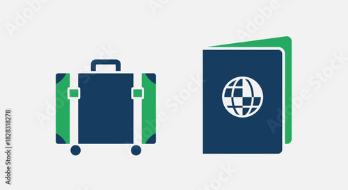 Travel essentials illustration: Suitcase and passport symbolizing international journeys and