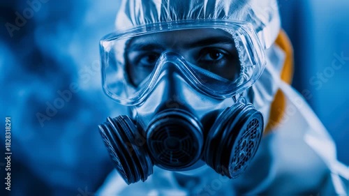 Intense Close-Up: Healthcare Worker in Protective Suit Ready for Pandemic Response, showing