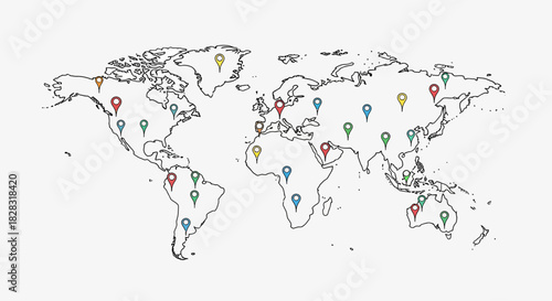 Stylized world map with location pins illustration, global network destinations concept