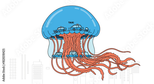 Surreal illustration of a jellyfish-shaped taxi service floating above a city skyline creative