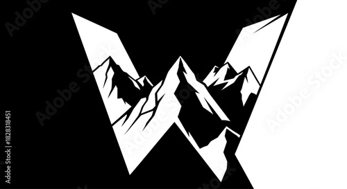 Stylized mountain range in a W shape with a modern black and white design