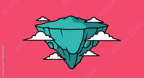 Stylized Illustration of a Floating Island Surrounded by Cartoon Clouds on Pink Graphic