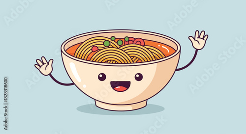 Smiling bowl of noodle soup cartoon character with waving arms expressing joy and cheerfulness