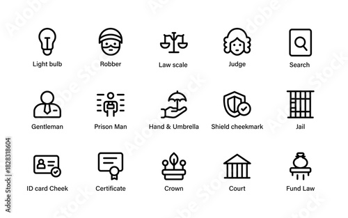 Legal justice security icons. law, documents, protection, surveillance, and crime line icon set.