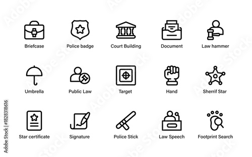 Legal crime protection icons. highlight law books, document, shields, courthouse, crime, security, and investigation line symbols.