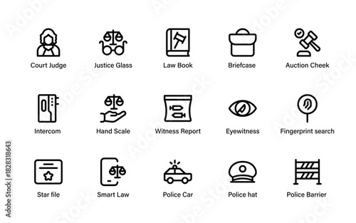 Crime justice legal icons. investigation, document, security, law, protection, courtroom, and safety signs.
