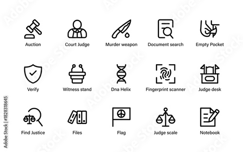 Justice protection law icons. legal files, secure, crime, courtroom, police, and identity line symbols.
